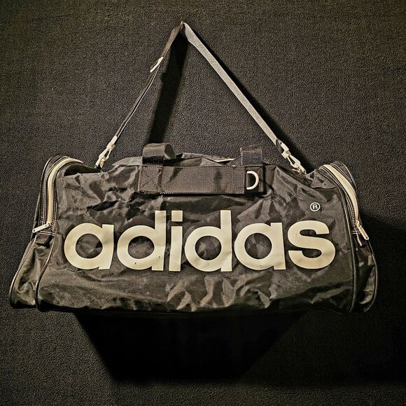 VTG Y2K Adidas Distressed Spell Out Big Logo Handled Duffel Weekender/Gym Bag - Picture 1 of 14